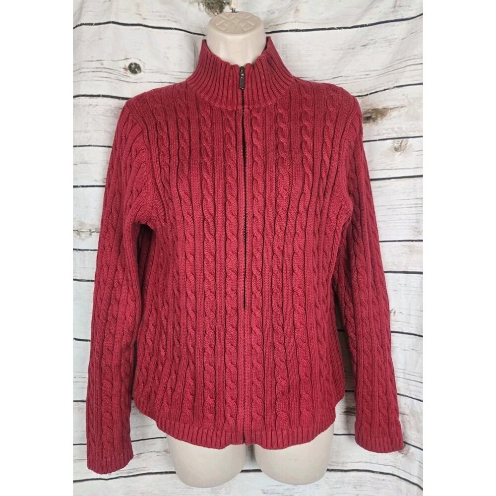 LL Bean Red Cable Knit Sweater Cardigan L Fisherman Full Zip Womens 100% Cotton